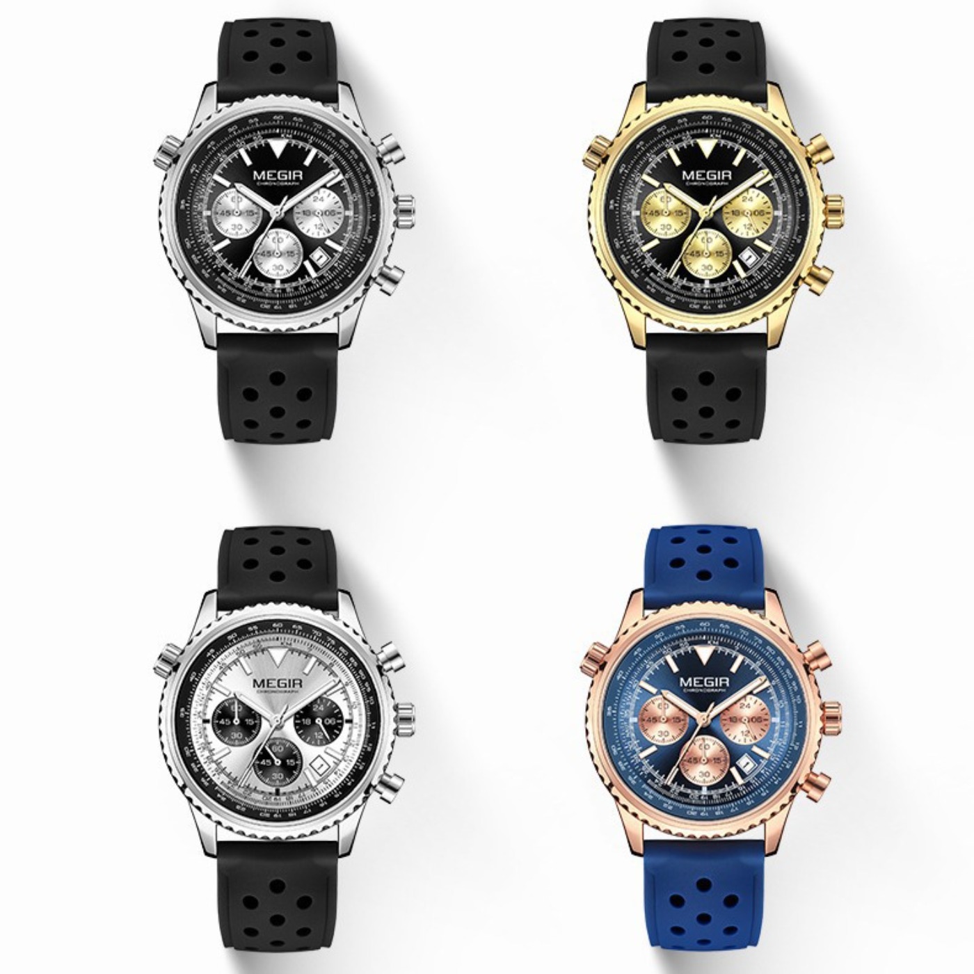Chronograph Sport Watch - MEGIR 실버 블랙 쿼츠 시계 남성용